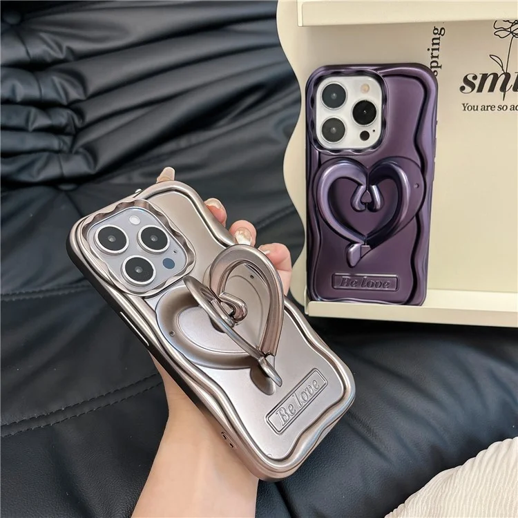 Pour iPhone 13 Pro Anti-Fall Cover Heart Shape PC Kickstand Electroplated TPU Phone Case - Titanium Grey