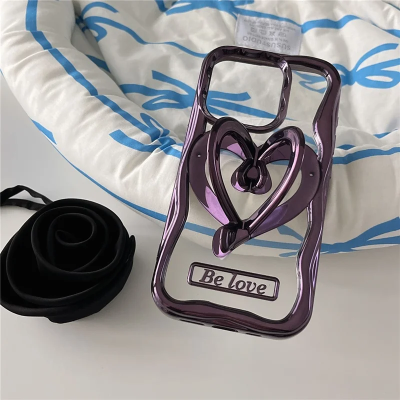 For iPhone 12 Pro Max Case Electroplated TPU Phone Cover Stylish Heart Kickstand - Purple