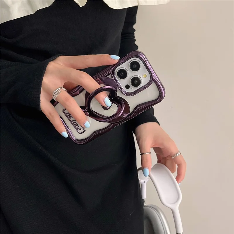 For iPhone 12 Pro Max Case Electroplated TPU Phone Cover Stylish Heart Kickstand - Purple
