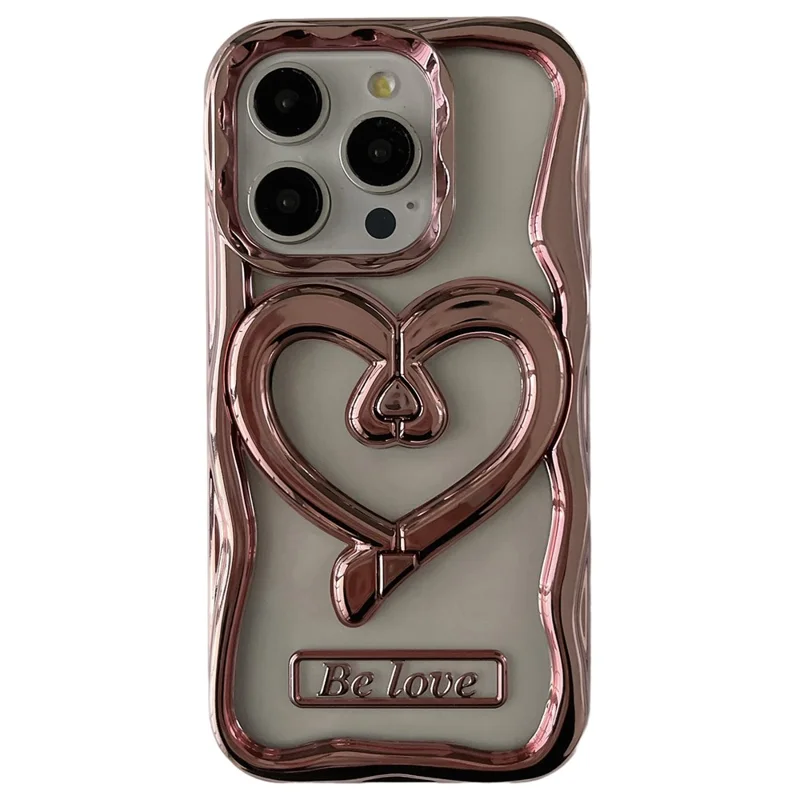 For iPhone 15 Pro Max TPU Cover Electroplating Clear Phone Case with PC Love Heart Kickstand - Pink