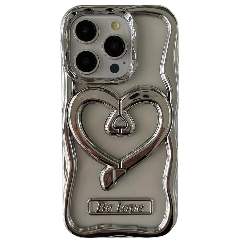 For iPhone 15 Pro Max TPU Cover Electroplating Clear Phone Case with PC Love Heart Kickstand - Silver