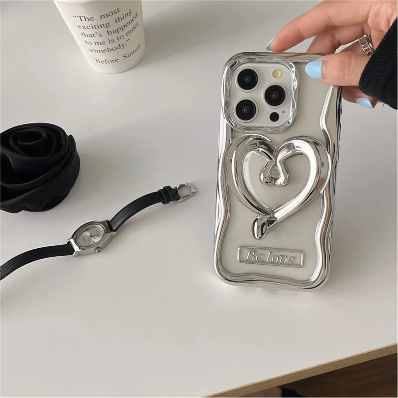 For iPhone 15 Pro Max TPU Cover Electroplating Clear Phone Case with PC Love Heart Kickstand - Silver