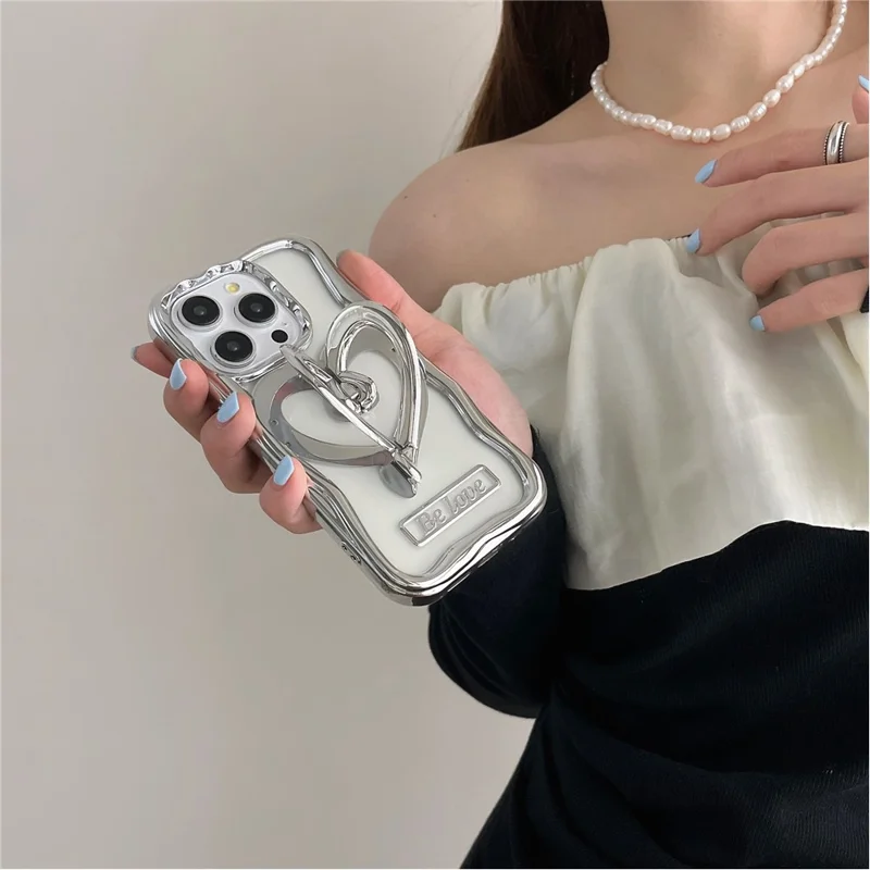 For iPhone 15 Pro Max TPU Cover Electroplating Clear Phone Case with PC Love Heart Kickstand - Silver