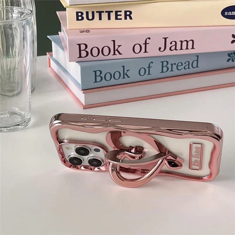 For iPhone 15 Pro Max TPU Cover Electroplating Clear Phone Case with PC Love Heart Kickstand - Silver