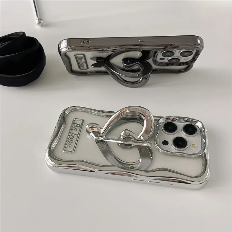 For iPhone 15 Pro Max TPU Cover Electroplating Clear Phone Case with PC Love Heart Kickstand - Silver