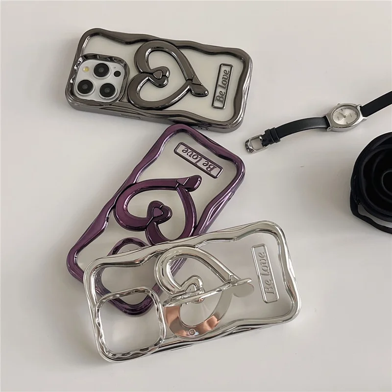 For iPhone 15 Pro Max TPU Cover Electroplating Clear Phone Case with PC Love Heart Kickstand - Silver