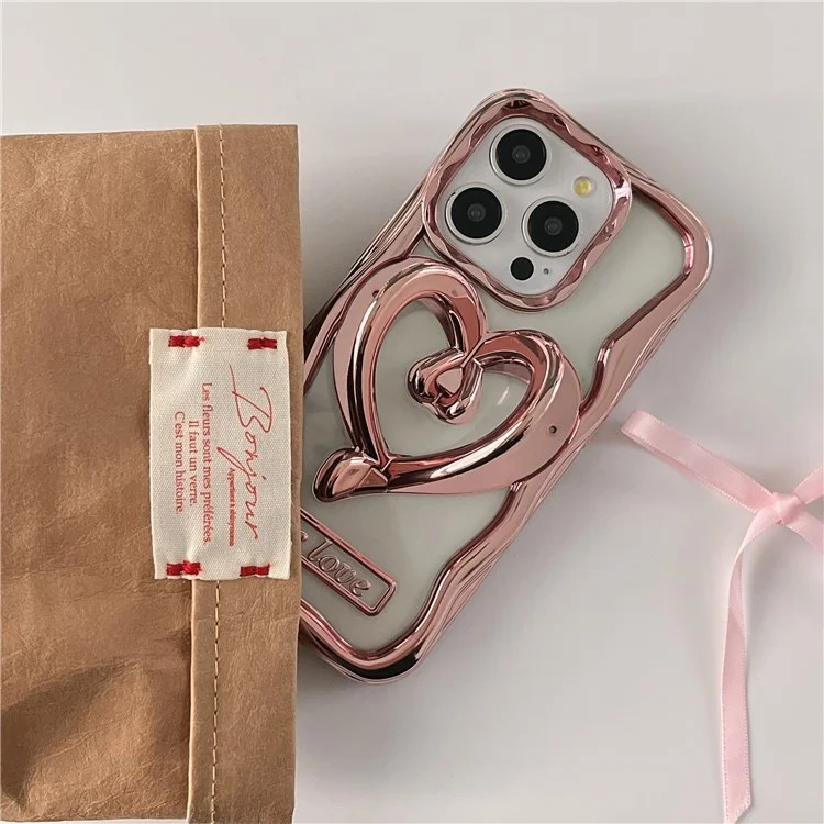 Funda para iPhone 12 Pro Caso Estiloso de Corazón Kickstand Funda de Teléfono Chapada Electroplateada TPU Carcasa de Teléfono Celular Transparente - Rosa