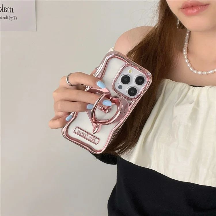 Funda para iPhone 12 Pro Caso Estiloso de Corazón Kickstand Funda de Teléfono Chapada Electroplateada TPU Carcasa de Teléfono Celular Transparente - Rosa