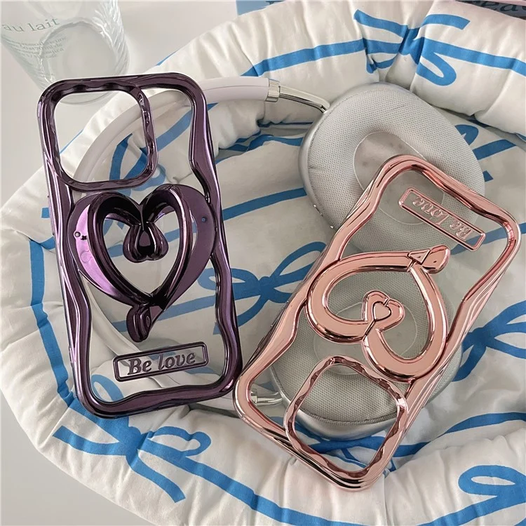 Funda para iPhone 12 Pro Caso Estiloso de Corazón Kickstand Funda de Teléfono Chapada Electroplateada TPU Carcasa de Teléfono Celular Transparente - Rosa