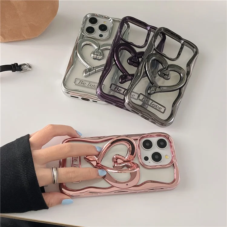 Funda para iPhone 12 Pro Caso Estiloso de Corazón Kickstand Funda de Teléfono Chapada Electroplateada TPU Carcasa de Teléfono Celular Transparente - Rosa