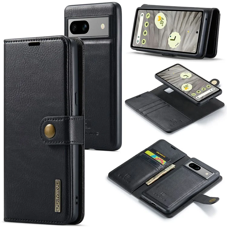 DG.MING for Google Pixel 8a Case Removable 2 in 1 Split Leather Folio Phone Cover - Black