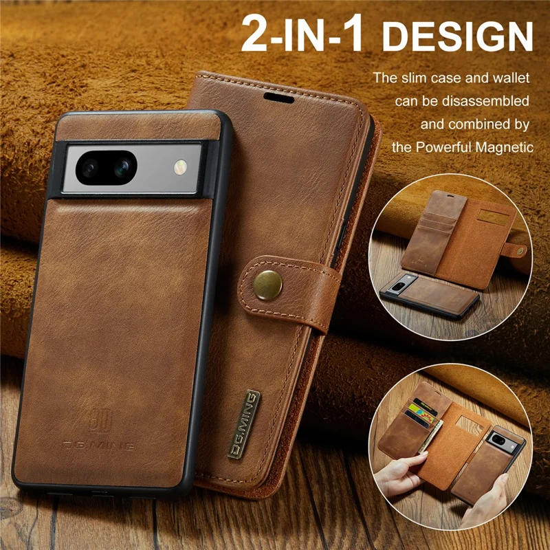 DG.MING for Google Pixel 8a Case Removable 2 in 1 Split Leather Folio Phone Cover - Brown