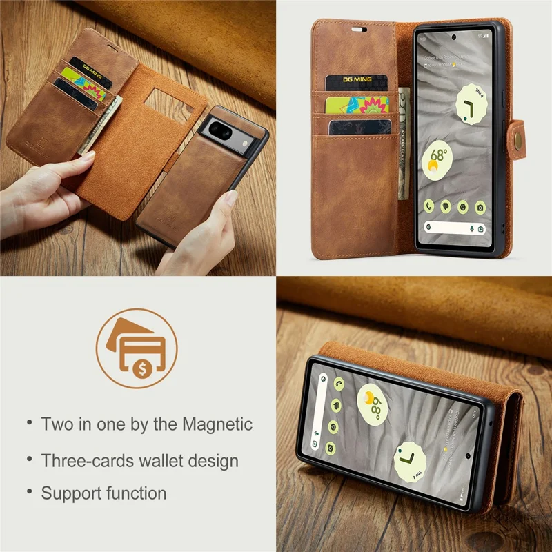 DG.MING for Google Pixel 8a Case Removable 2 in 1 Split Leather Folio Phone Cover - Brown