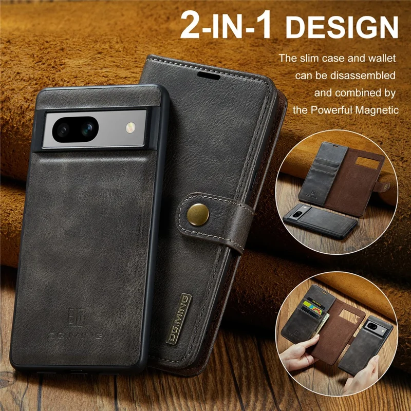 DG.MING para Google Pixel 8a Funda Extraíble 2 en 1 Cubierta de Teléfono de Cartera de Cuero Dividido - Gris