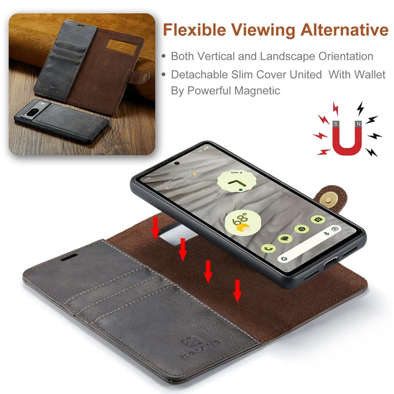 DG.MING para Google Pixel 8a Funda Extraíble 2 en 1 Cubierta de Teléfono de Cartera de Cuero Dividido - Gris
