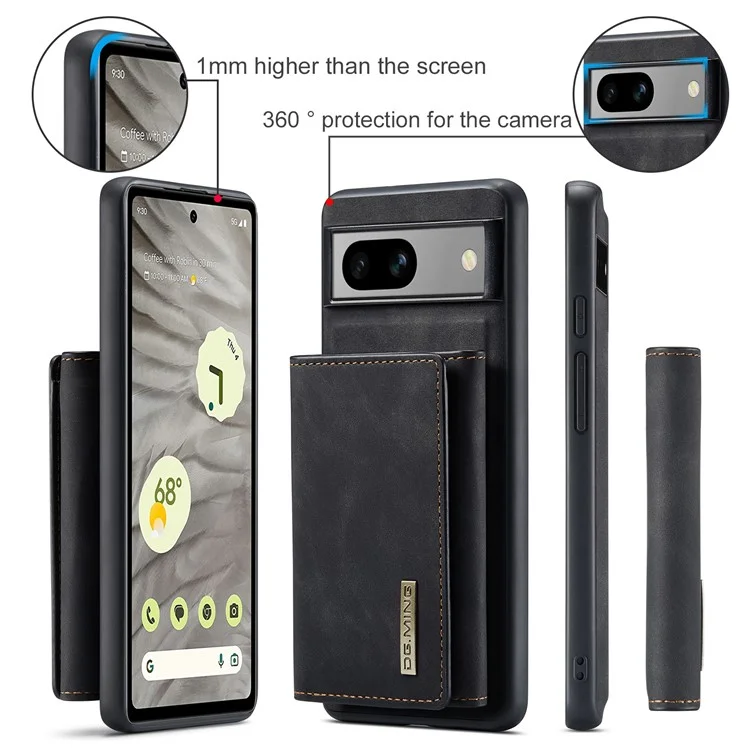 DG.MING M1 Series for Google Pixel 8a Case Kickstand Leather Back Phone Cover with Detachable Wallet - Black