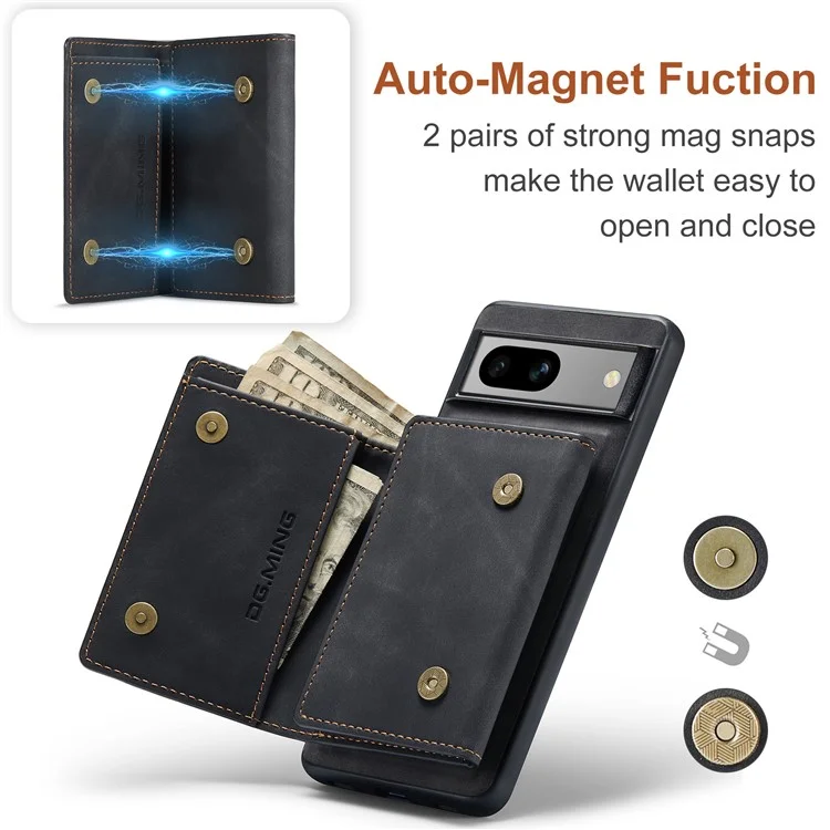 DG.MING M1 Series for Google Pixel 8a Case Kickstand Leather Back Phone Cover with Detachable Wallet - Black