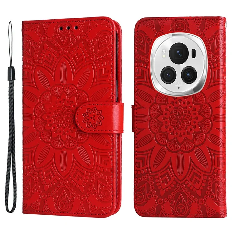 For Honor Magic6 Pro 5G Anti-Scratch Wallet Stand Phone Case Sunflower Leather Stand Mobile Phone Cover - Red