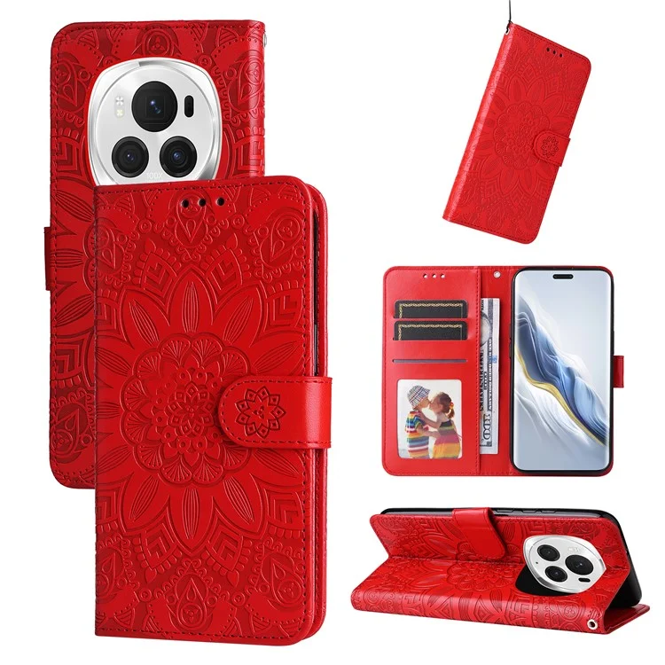 For Honor Magic6 Pro 5G Anti-Scratch Wallet Stand Phone Case Sunflower Leather Stand Mobile Phone Cover - Red