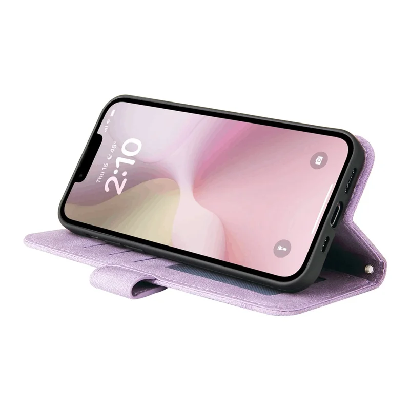 For iPhone 16e Leather Wallet Cases Skin Touch Phone Cover Stand with Strap - Purple