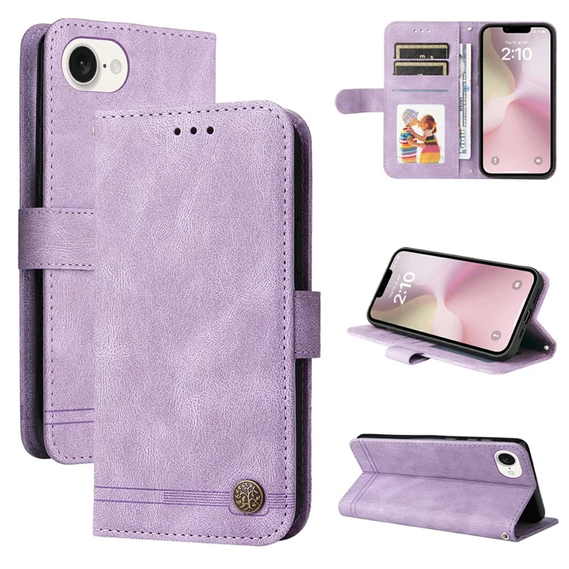 For iPhone 16e Leather Wallet Cases Skin Touch Phone Cover Stand with Strap - Purple