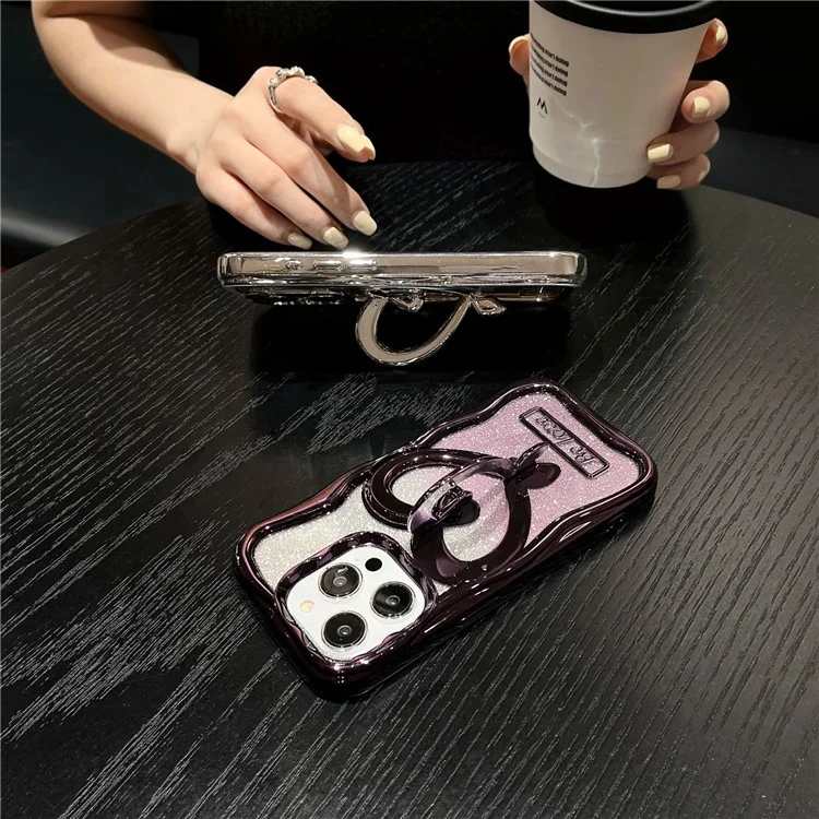 For iPhone 14 Pro Max Case PC Kickstand Electroplated TPU Clear Cover with Built-In Glitter Powder Paper - Silver