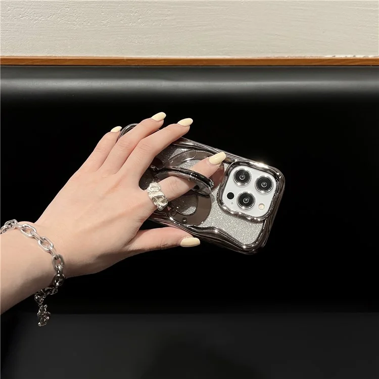 For iPhone 14 Pro Max Case PC Kickstand Electroplated TPU Clear Cover with Built-In Glitter Powder Paper - Silver