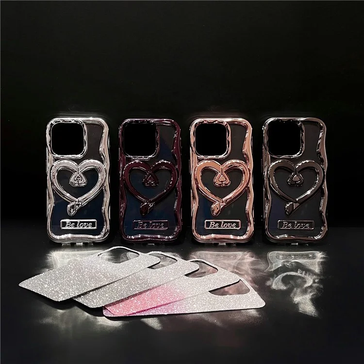 For iPhone 14 Pro Max Case PC Kickstand Electroplated TPU Clear Cover with Built-In Glitter Powder Paper - Silver