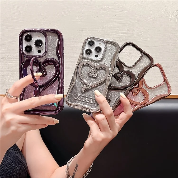 For iPhone 14 Pro Max Case PC Kickstand Electroplated TPU Clear Cover with Built-In Glitter Powder Paper - Silver