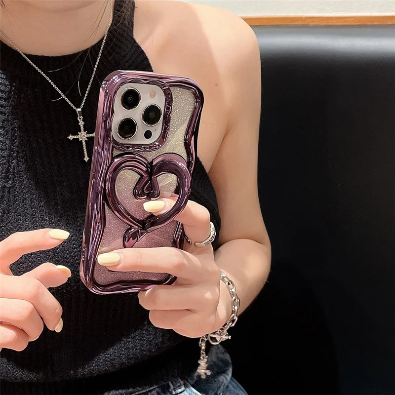 For iPhone 12 Pro Phone Stand Case Electroplated PC Kickstand TPU Cover with Glitter Powder Paper - Purple