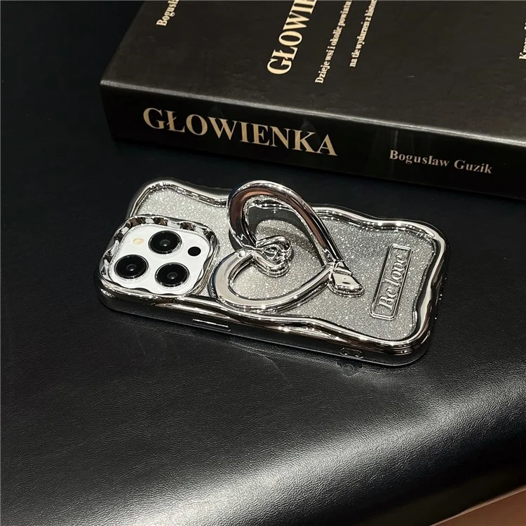 Für iPhone 15 Pro Case Electroplated PC+TPU Handy-Gehäuse Ständer Klare Abdeckung mit integriertem Glitzerpapierbrett - Silber