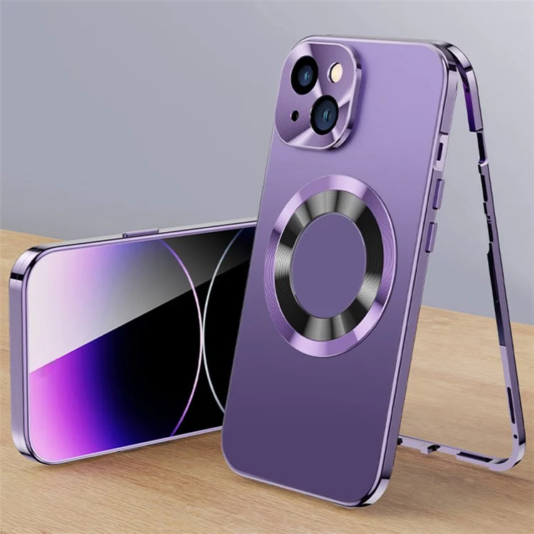 For iPhone 13 Case Acrylic+Tempered Glass Buckle Lock Phone Cover Compatible with Magsafe - Dark Purple