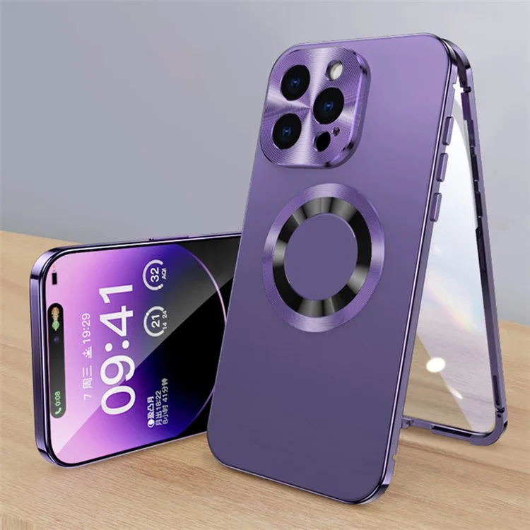 For iPhone 15 Pro Case Metal+Acrylic+Tempered Glass Phone Cover Compatible with Magsafe - Dark Purple