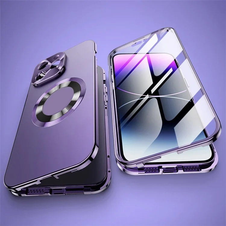 For iPhone 15 Pro Case Metal+Acrylic+Tempered Glass Phone Cover Compatible with Magsafe - Dark Purple