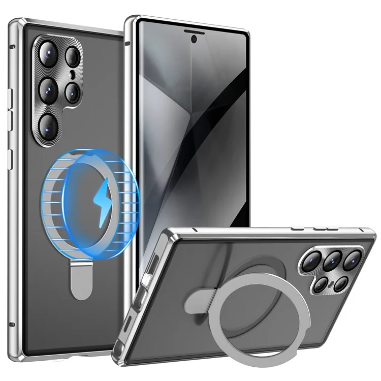 Funda para Samsung Galaxy S24 Ultra Magnética con Soporte Privacidad Vidrio Templado + Parte Trasera de PC Mate - Plateado