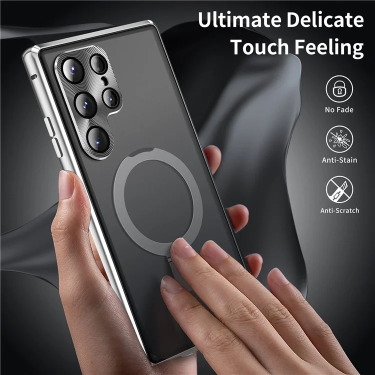 Funda para Samsung Galaxy S24 Ultra Magnética con Soporte Privacidad Vidrio Templado + Parte Trasera de PC Mate - Plateado