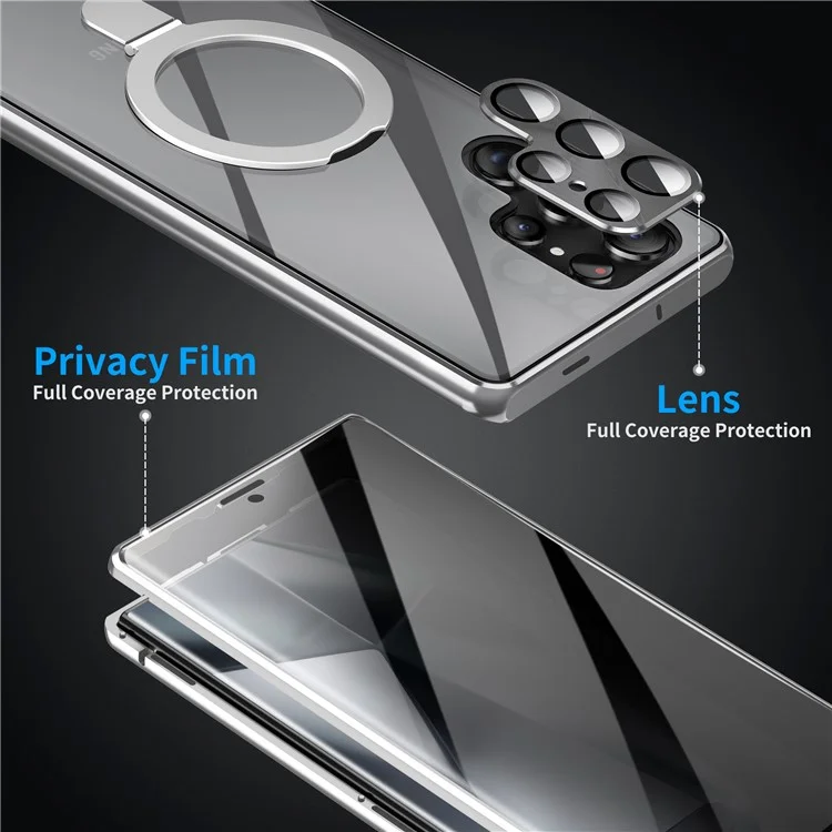 Funda para Samsung Galaxy S24 Ultra Magnética con Soporte Privacidad Vidrio Templado + Parte Trasera de PC Mate - Plateado