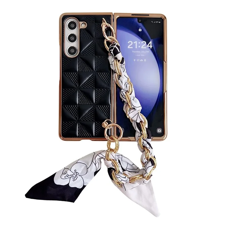 For Samsung Galaxy Z Fold5 5G Case Leather+PC Electroplating Phone Cover with Ribbon Chain Strap - Black