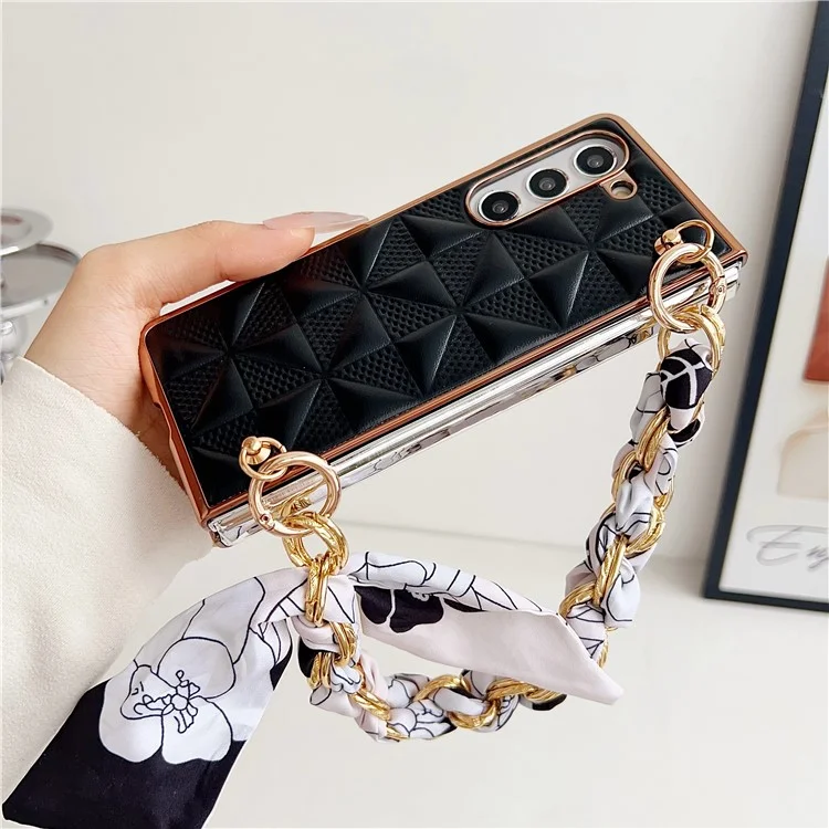 For Samsung Galaxy Z Fold5 5G Case Leather+PC Electroplating Phone Cover with Ribbon Chain Strap - Black