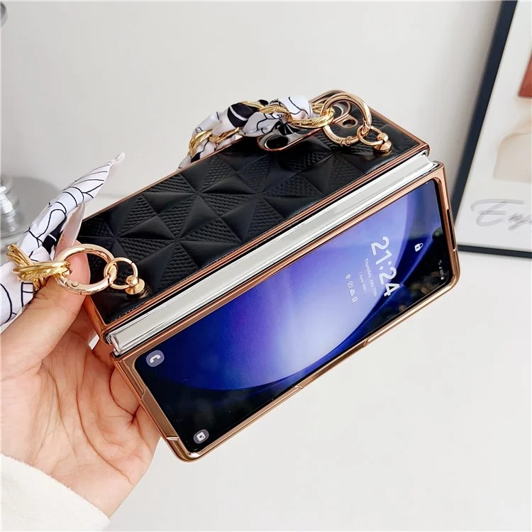 For Samsung Galaxy Z Fold5 5G Case Leather+PC Electroplating Phone Cover with Ribbon Chain Strap - Black