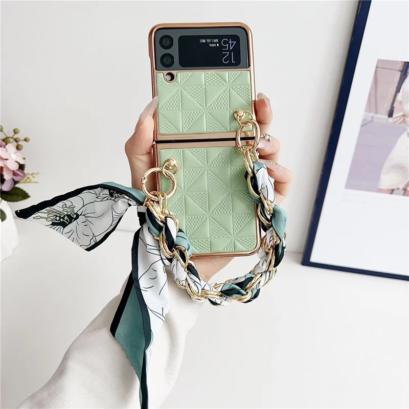 For Samsung Galaxy Z Flip3 5G Case Electroplating PU+PC Phone Cover with Strap - Light Green