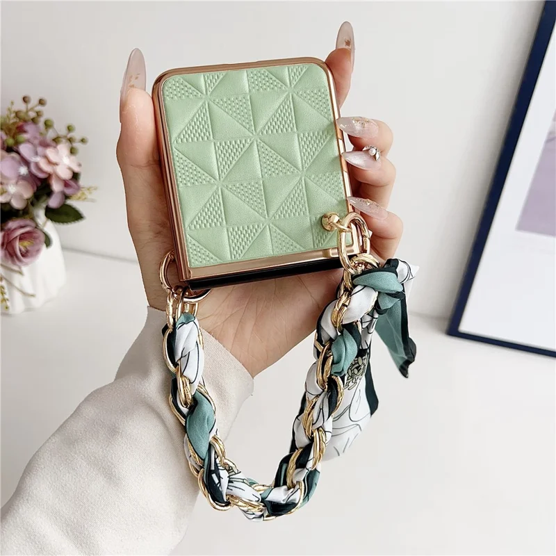 For Samsung Galaxy Z Flip3 5G Case Electroplating PU+PC Phone Cover with Strap - Light Green
