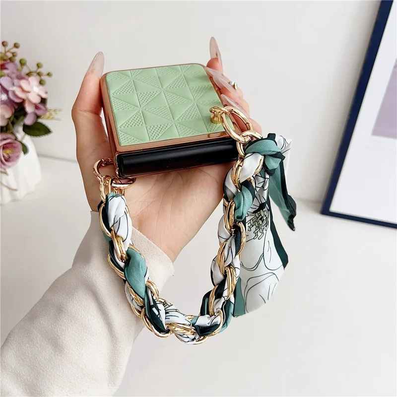 For Samsung Galaxy Z Flip3 5G Case Electroplating PU+PC Phone Cover with Strap - Light Green