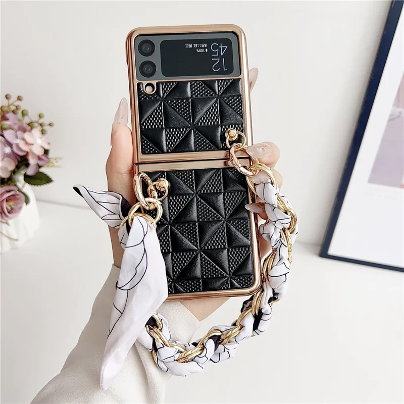For Samsung Galaxy Z Flip3 5G Case Electroplating PU+PC Phone Cover with Strap - Black