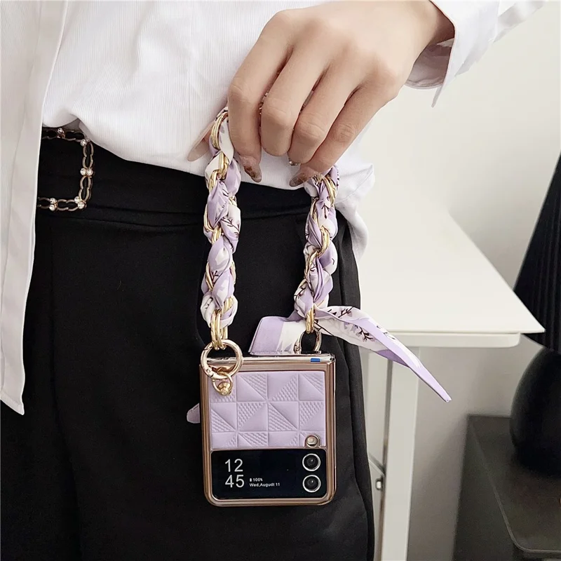 For Samsung Galaxy Z Flip3 5G Case Electroplating PU+PC Phone Cover with Strap - Black