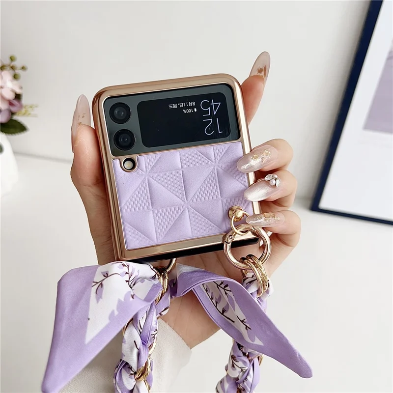 For Samsung Galaxy Z Flip3 5G Case Electroplating PU+PC Phone Cover with Strap - Black