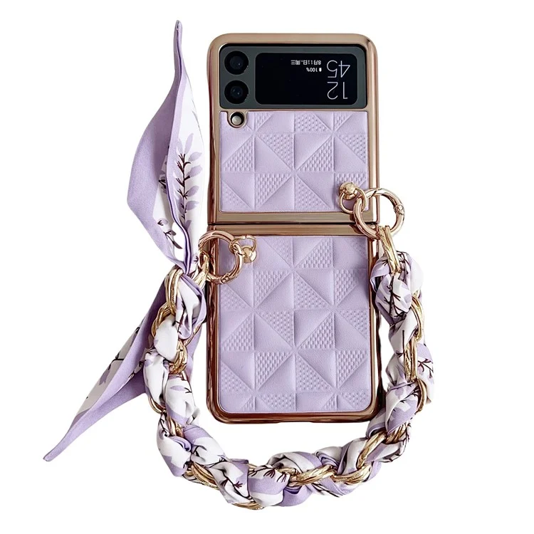Для Samsung Galaxy Z Flip4 5G Чехол Сетчатый Рисунок Кожаная Задняя Крышка Телефона с Браслетной Цепочкой - Фиолетовый
