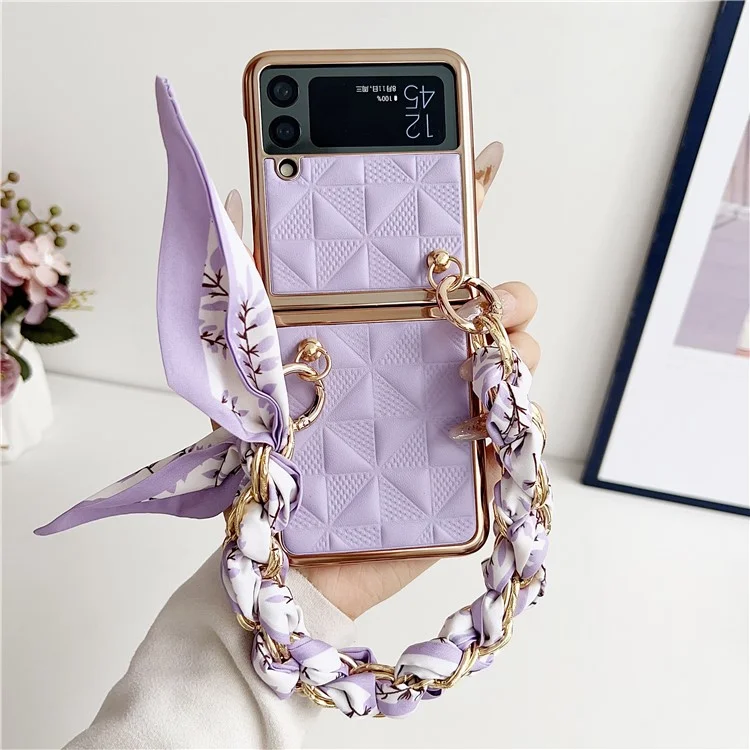 Для Samsung Galaxy Z Flip4 5G Чехол Сетчатый Рисунок Кожаная Задняя Крышка Телефона с Браслетной Цепочкой - Фиолетовый