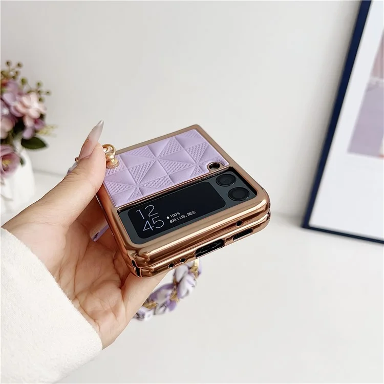 Для Samsung Galaxy Z Flip4 5G Чехол Сетчатый Рисунок Кожаная Задняя Крышка Телефона с Браслетной Цепочкой - Фиолетовый
