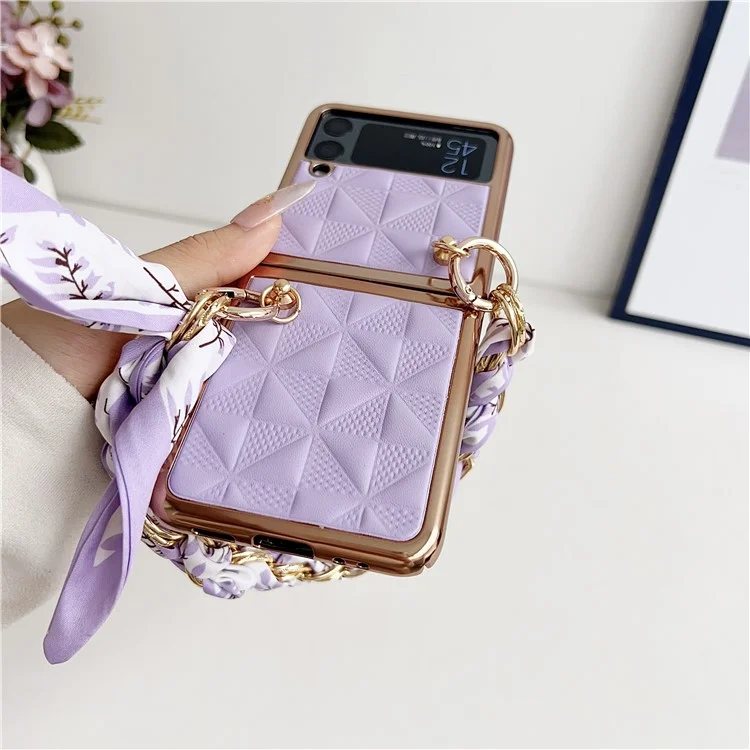 Для Samsung Galaxy Z Flip4 5G Чехол Сетчатый Рисунок Кожаная Задняя Крышка Телефона с Браслетной Цепочкой - Фиолетовый